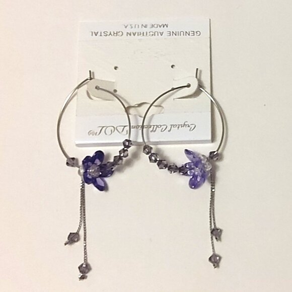 NEW Genuine Purple Austrian Crystal Floral Hoop Earrings 30mm Women Jewelry - Picture 4 of 7